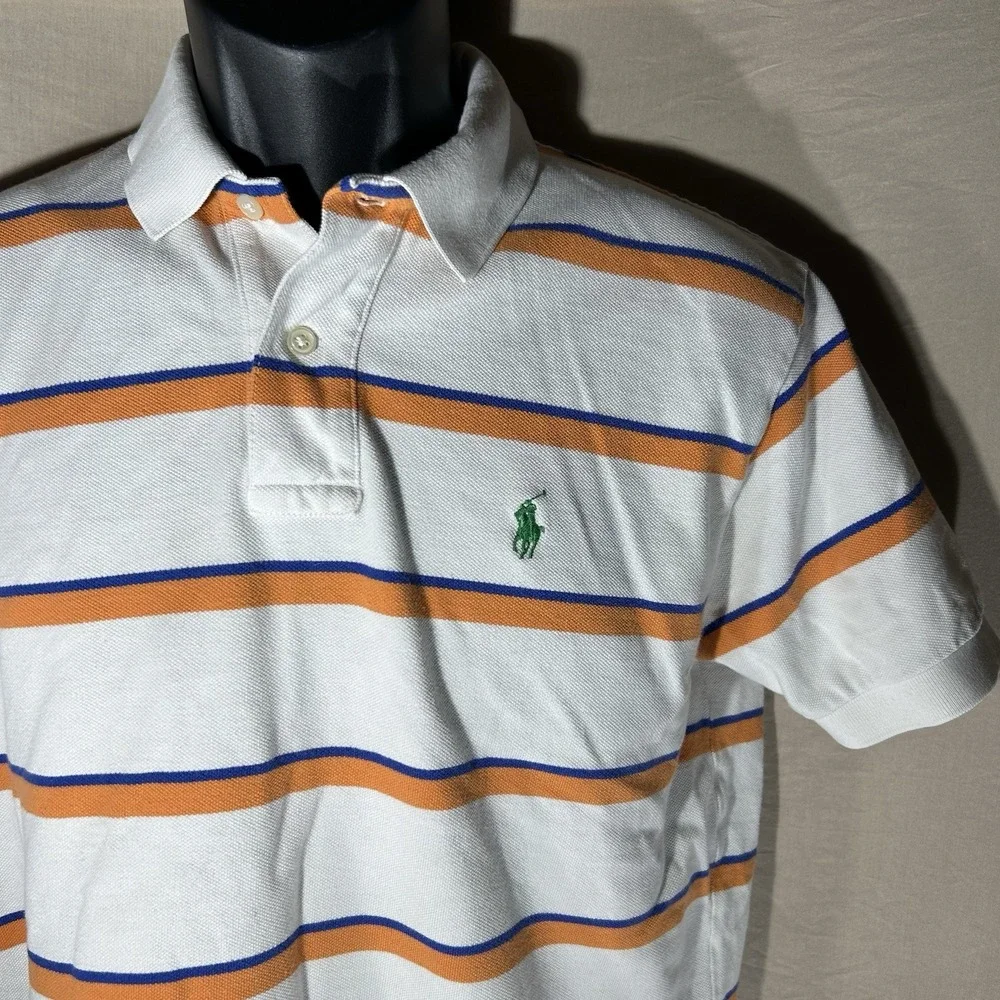 Polo Ralph Lauren Polo Shirt Mens M Striped White Orange Blue Preppy Pique